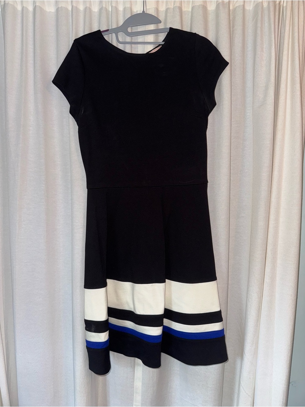 love...ady Black Fit & Flare Dress with Blue / White Colorblock Hem - Size S